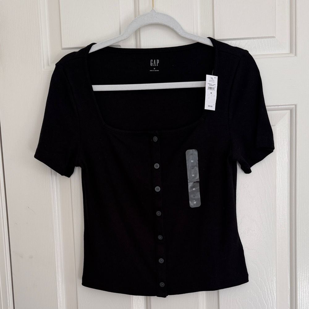 GAP Women's Basic Ribbed Black Button-Down Short Sleeve Shirt